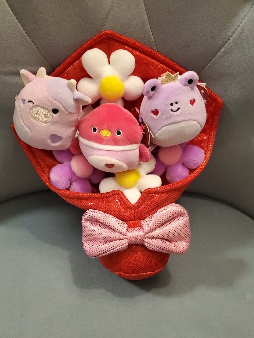 Squishmallows Pink & Purple Plush Bouquet with Red Wrap